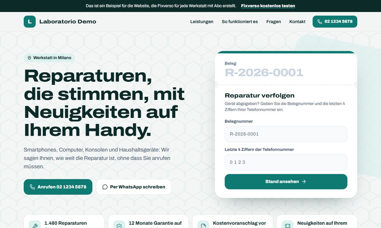 Die Website der Werkstatt, inklusive