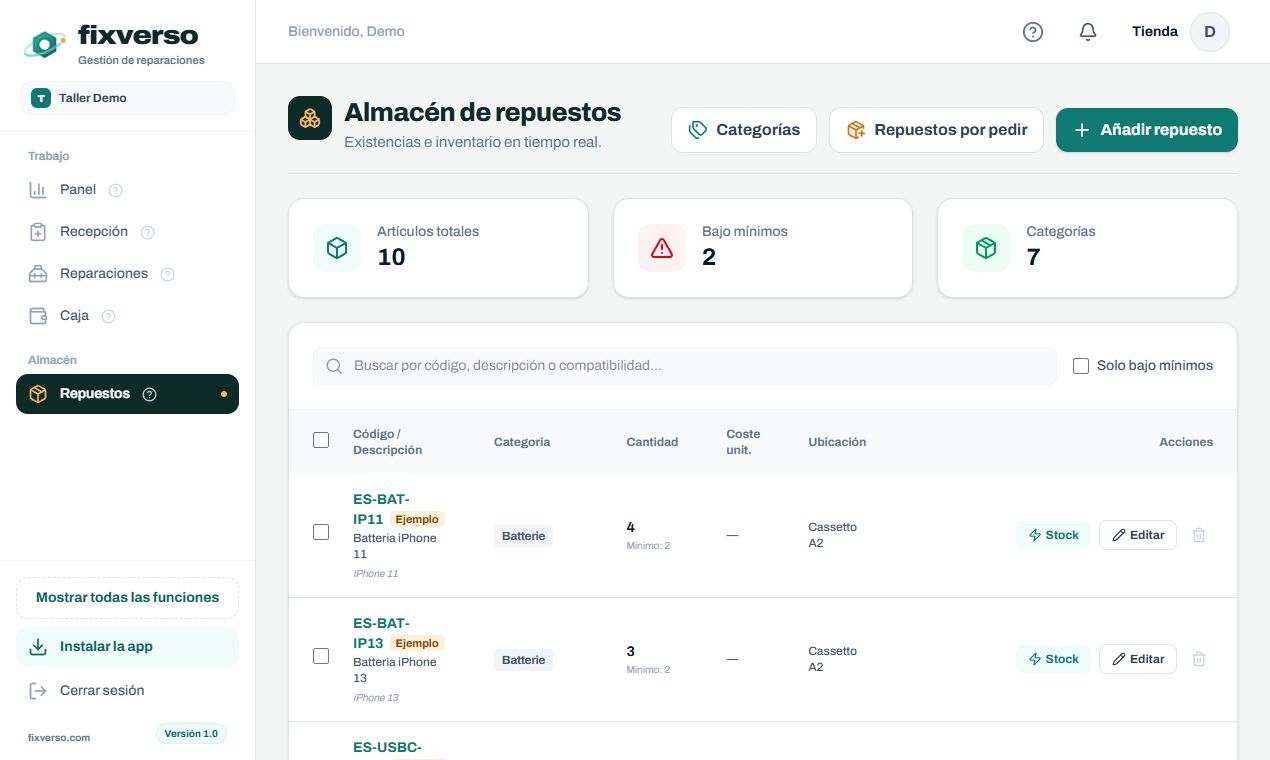 Almacén y proveedores sin hojas sueltas