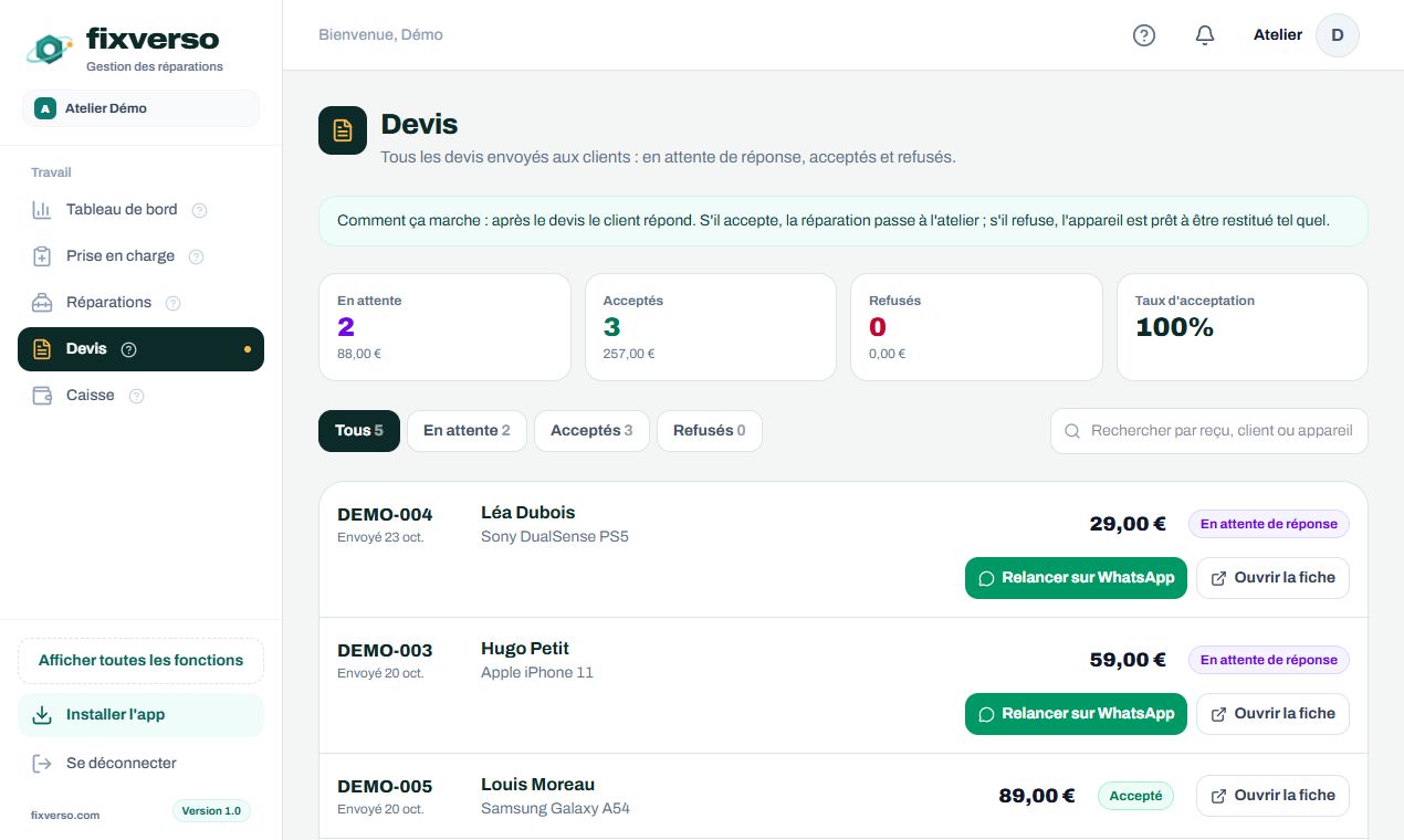 Le devis arrive sur WhatsApp et s’approuve depuis le téléphone